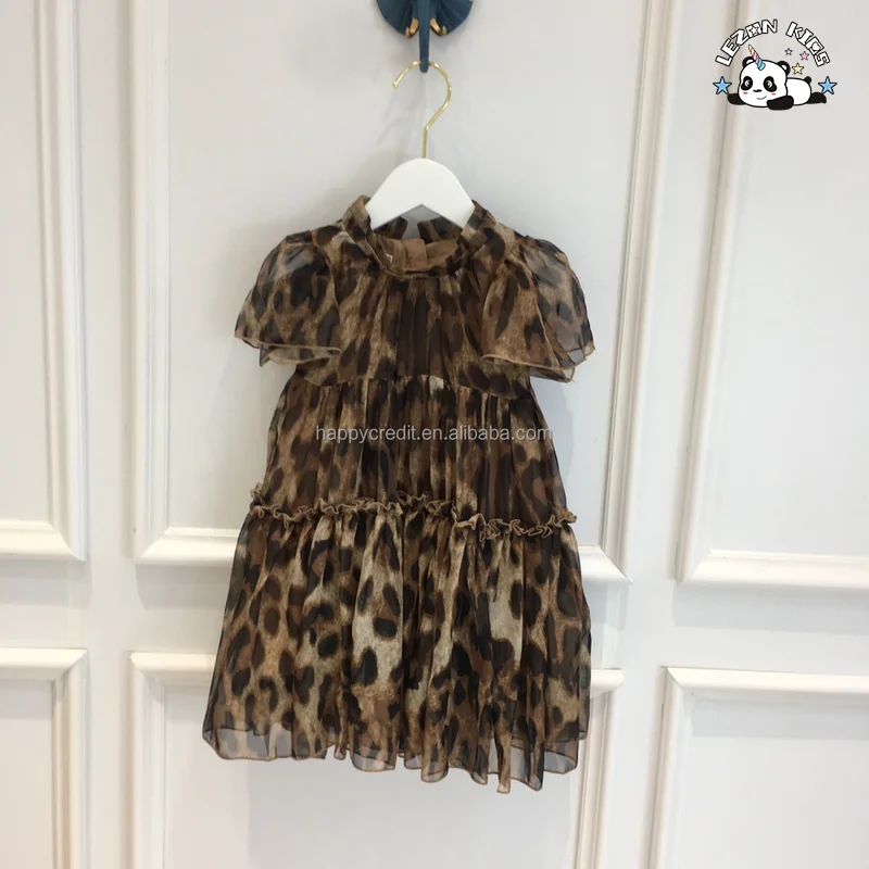 LEZONKIDS - Custom Princess Puff Sleeve Brown Leopard Twirl Tutu 2-12 Years Long Cotton Short Sleeve Breathable Soft Girls Dress